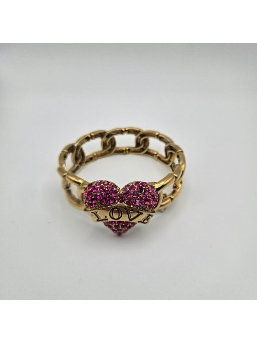 Betsey Johnson Chain Bracelet Pink Rhinestone Heart Love Banner